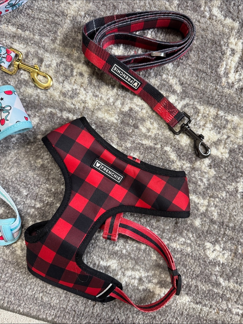Frenchie Bulldog brand Red and Black Buffalo Plaid Pet Harness & Leash Set
